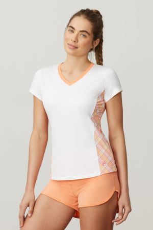 FILA Mad For Plaid Sleeve V-neck Top Shirts White,Womens Tennis | CA.JEWONS250